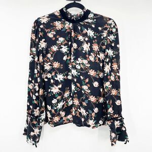 BP Floral Long Sleeve Blouse Women's Size S Black Mock Neck Keyhole Back